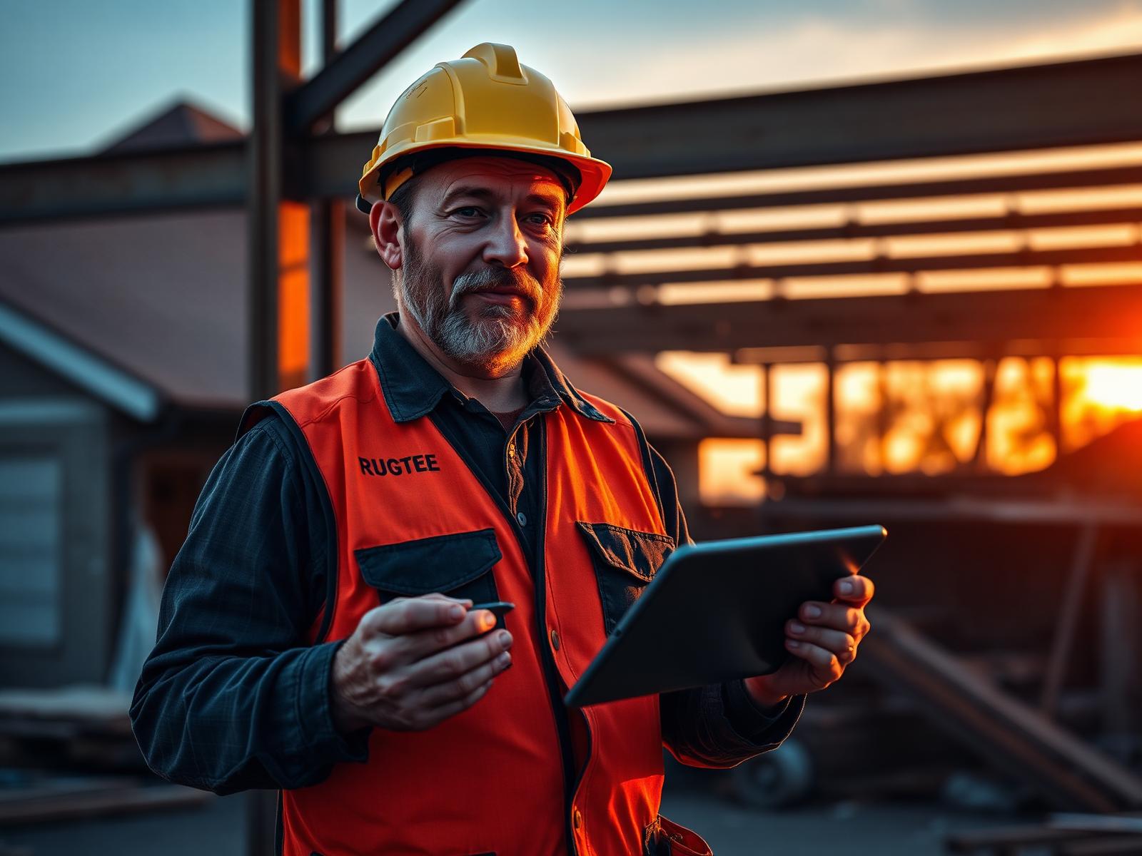 Contractor on jobsite using QuickQuote Builder on a tablet at sunset